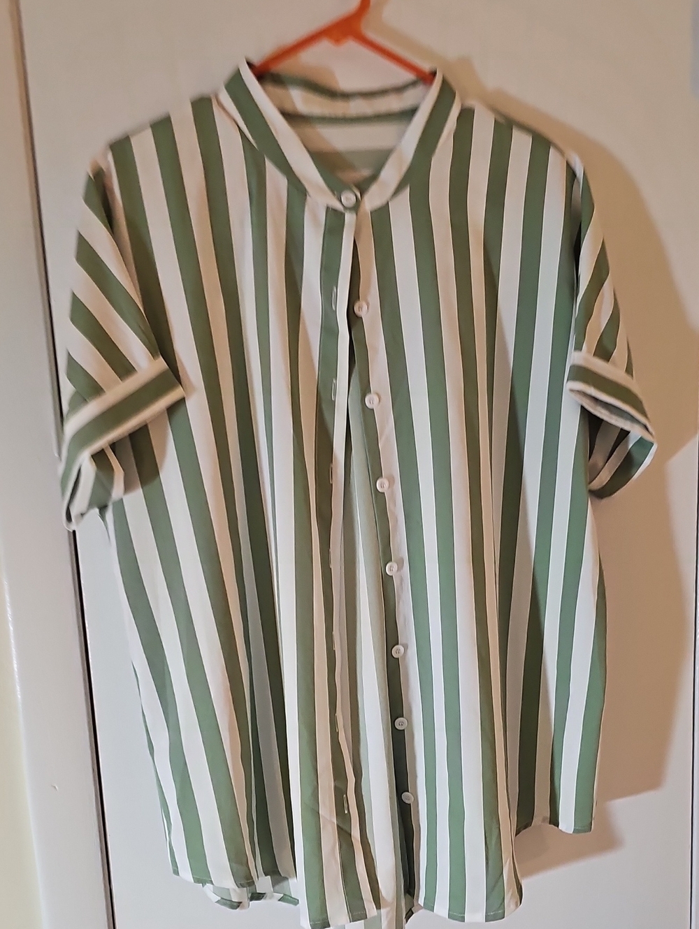 Green and White Vertical Stripe Button-Up Shirt